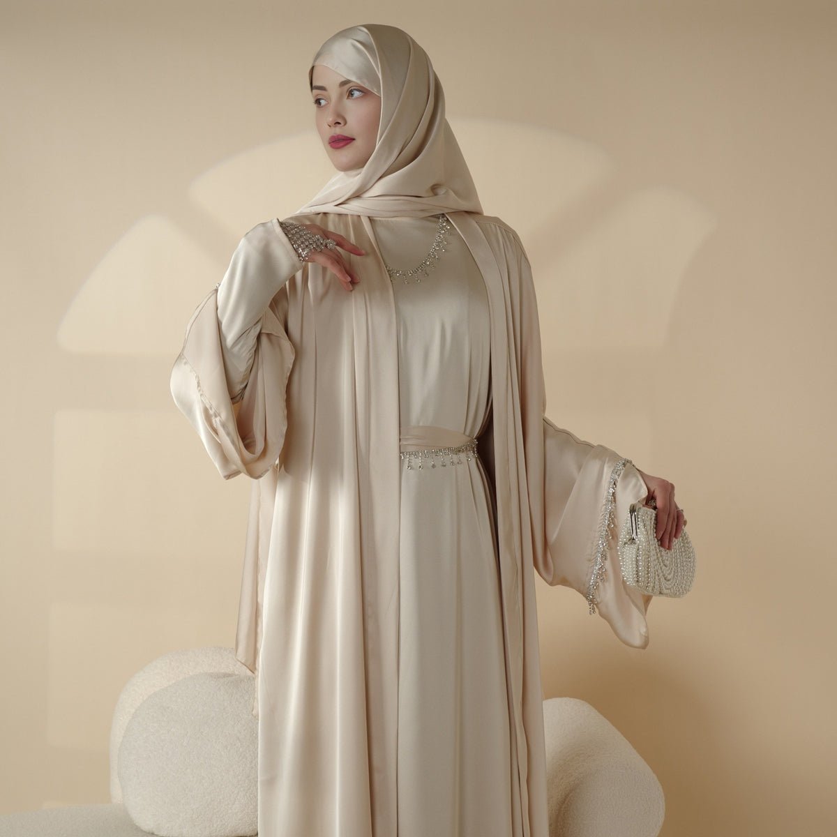 Luxury Satin Abaya With Diamond Tassels Belt,  6-Piece Set (MOA041)