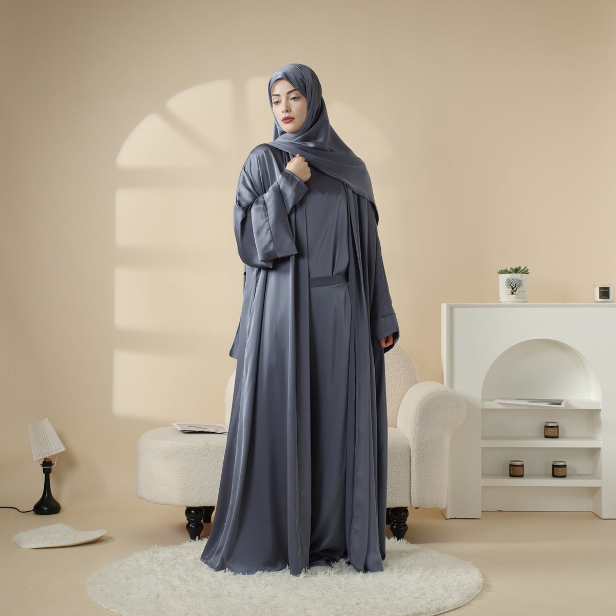 Luxury Satin Modest Abaya Set 4-Piece – Elegant Open Abaya, Top, Pants & Matching Hijab(MOA034)