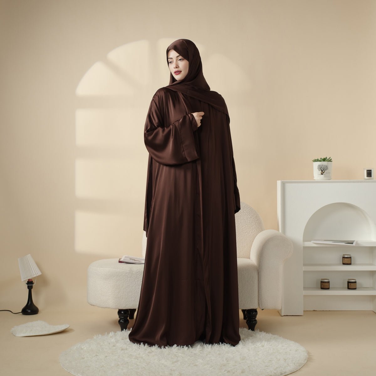 Luxury Satin Modest Abaya Set 4-Piece – Elegant Open Abaya, Top, Pants & Matching Hijab(MOA034)
