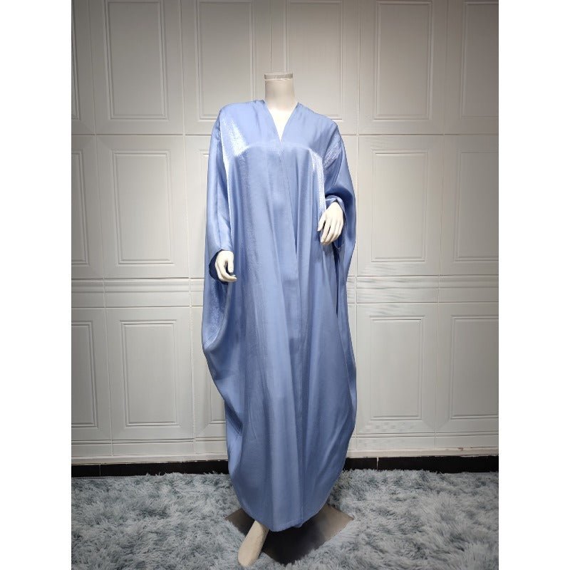 Luxury Silk Satin Bat Sleeve Abaya Robe | Modest V-Neck Evening Dress (MOA225)