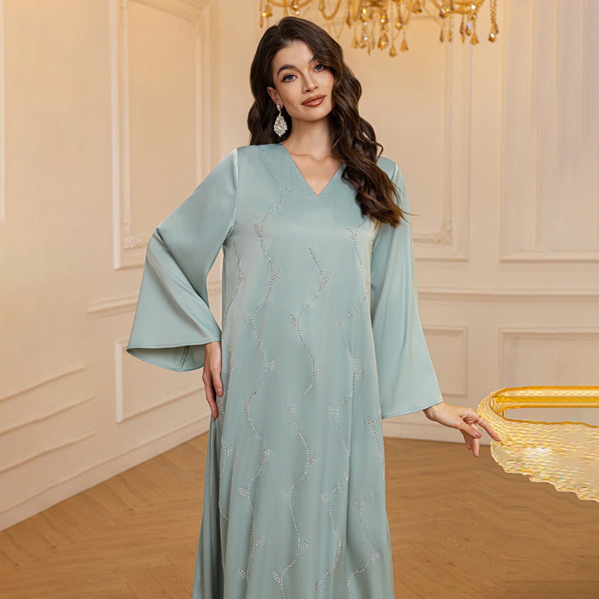 Luxury Textured Satin Diamond Embellished Robe Dress - High-End V-Neck Evening Gown with Flared Sleeves(MA276)