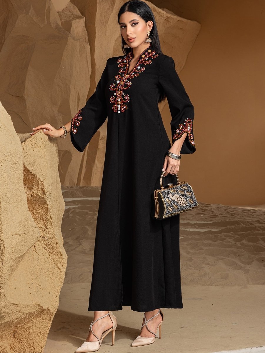 Luxury V-Neck Black & Gold Rice Bead Embroidered  Party & Wedding Abaya (MA187)