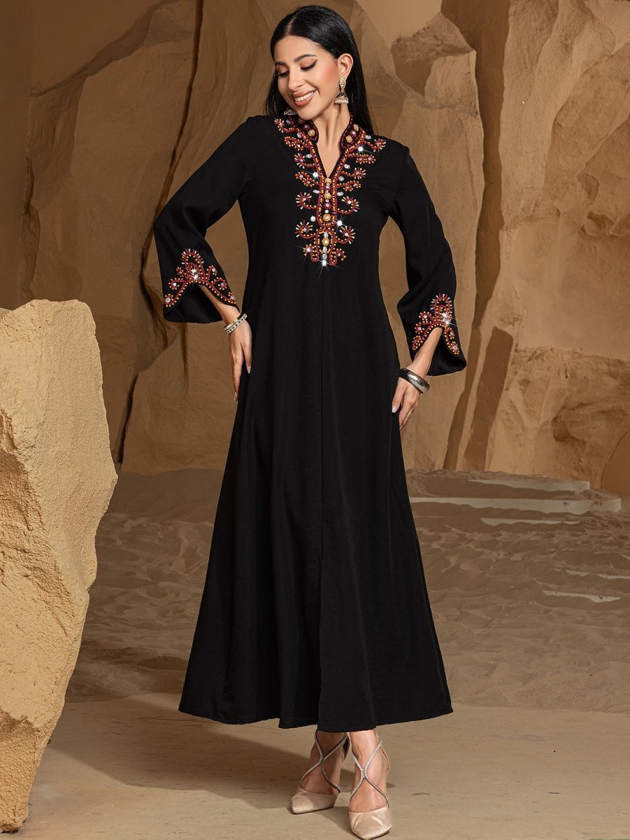 Luxury V-Neck Black & Gold Rice Bead Embroidered  Party & Wedding Abaya (MA187)