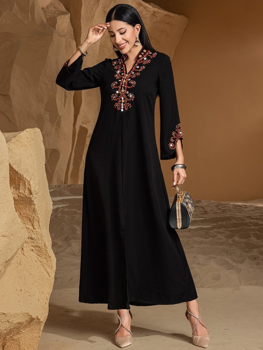 Luxury V-Neck Black & Gold Rice Bead Embroidered  Party & Wedding Abaya (MA187)