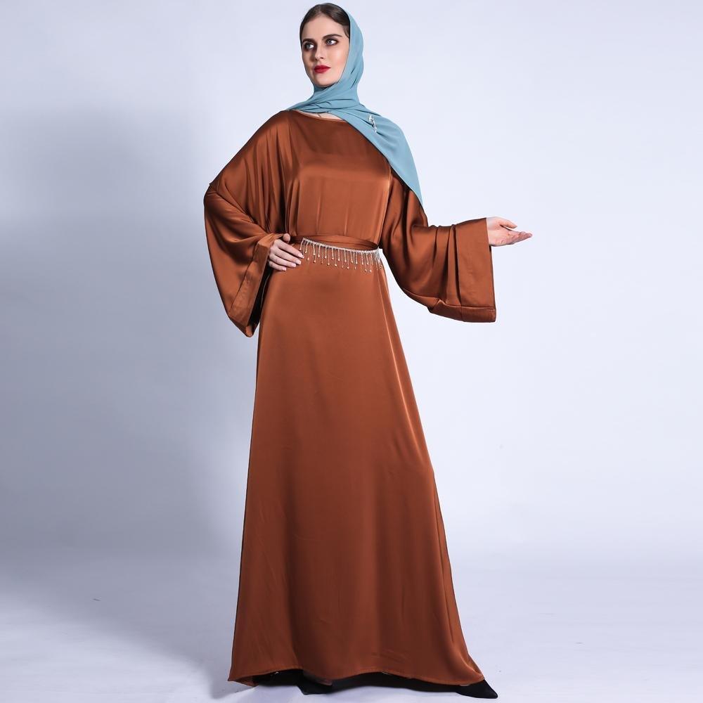 Pocket Satin Abaya With Shiny Rhinestone Belt (MA011)