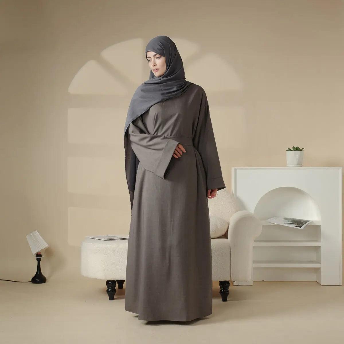 Linen Plain Abaya with Pockets 2-Piece Set (MA043)
