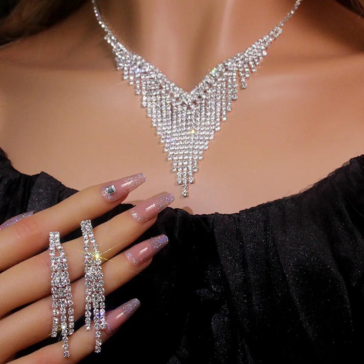 MAC047 Rhinestone Crystal angle Earring Fringe Chain Necklaces Sets