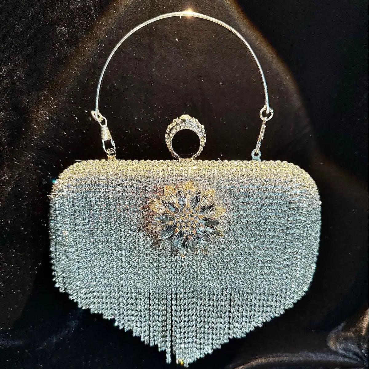 MAC056 Tassel Evening Clutch Bag Luxury Rhinestones Party Prom Purse Handbag With Detachable Chain