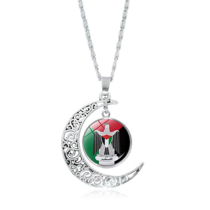 MAC077 Women's Versatile Silver keffiyeh Hollow Moon Pendant Necklace
