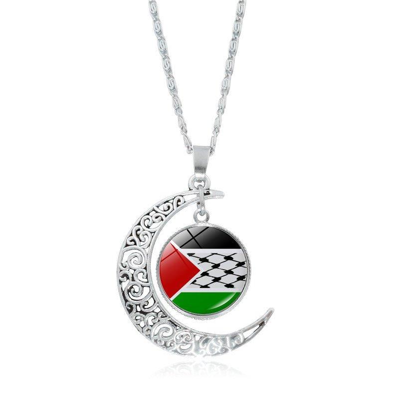 MAC077 Women's Versatile Silver keffiyeh Hollow Moon Pendant Necklace