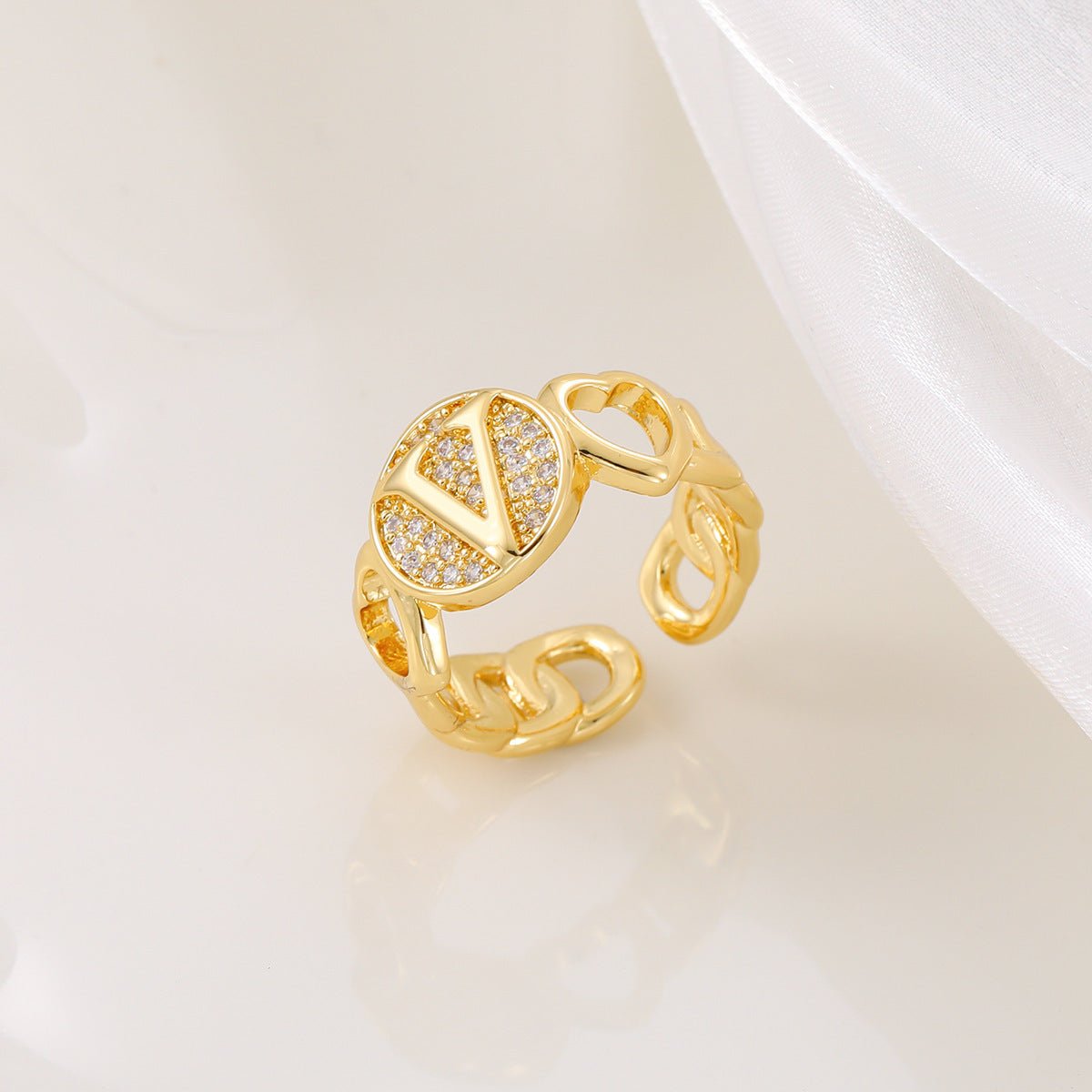 MAC186 Copper Set With Zircon 18K Real Gold Love Glossy Letter Ring