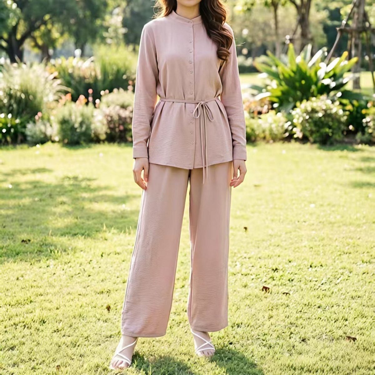 Mandarin Collar Drop-Shoulder Button Top & Wide-Leg Trouser Set(MS462)