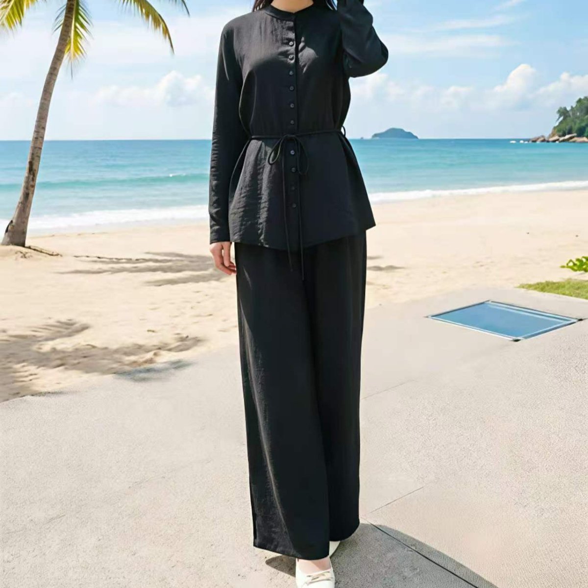 Mandarin Collar Drop-Shoulder Button Top & Wide-Leg Trouser Set(MS462)