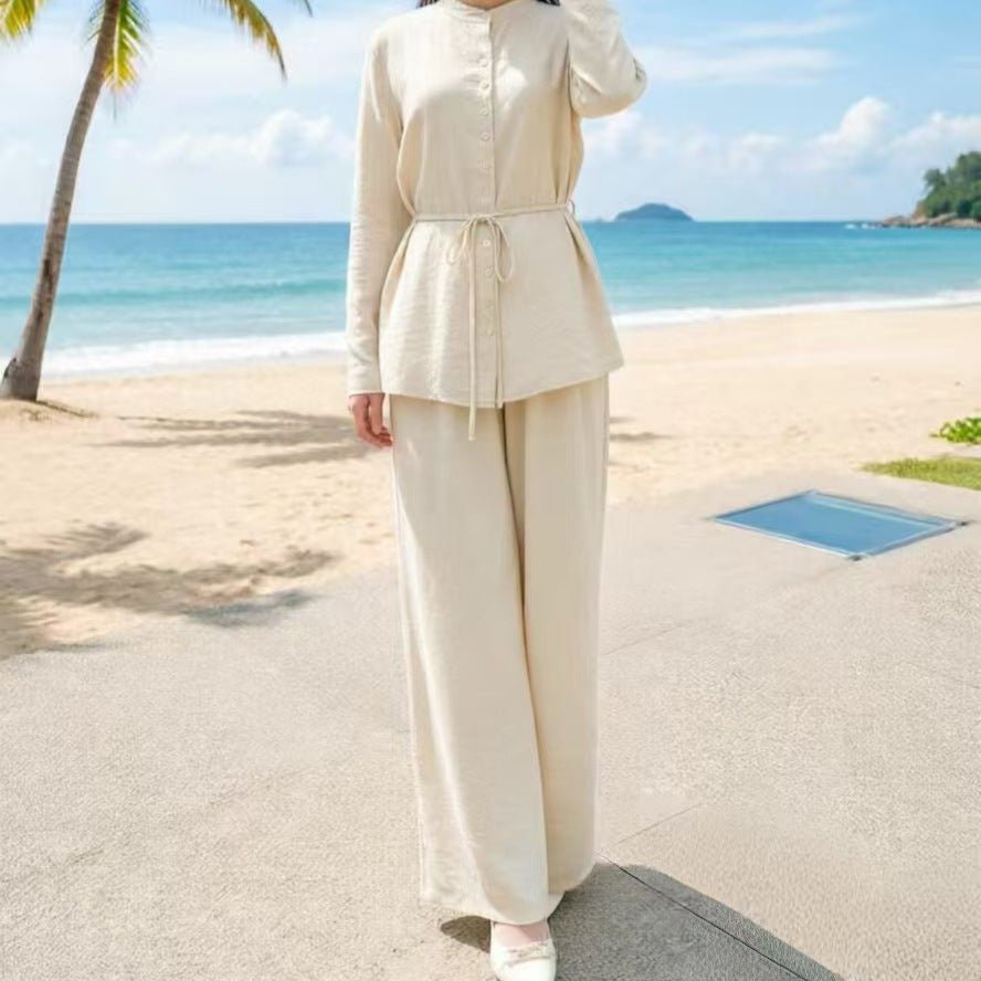 Mandarin Collar Drop-Shoulder Button Top & Wide-Leg Trouser Set(MS462)