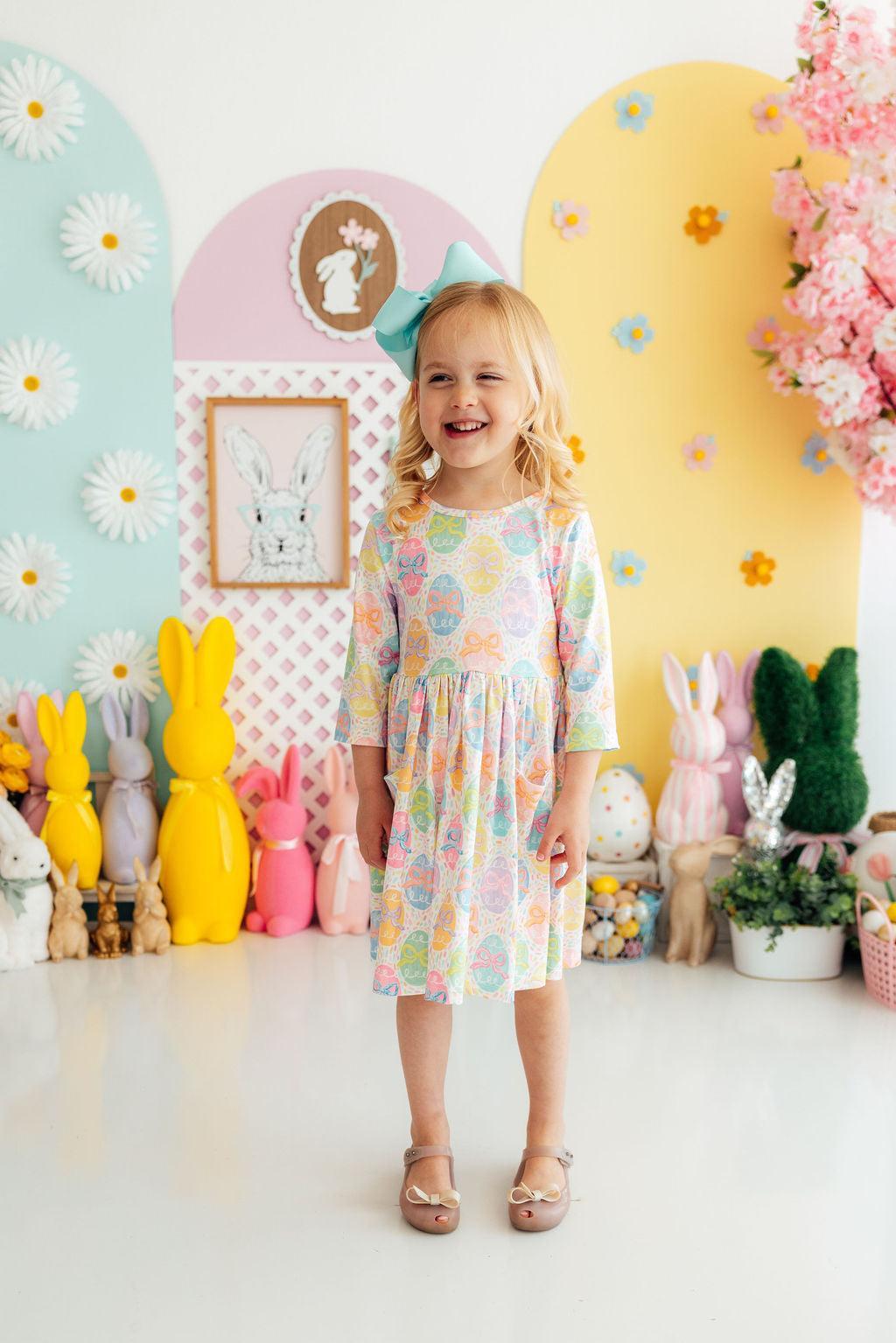 Egg-stra Cute 3/4 Sleeve Pocket Twirl Dress