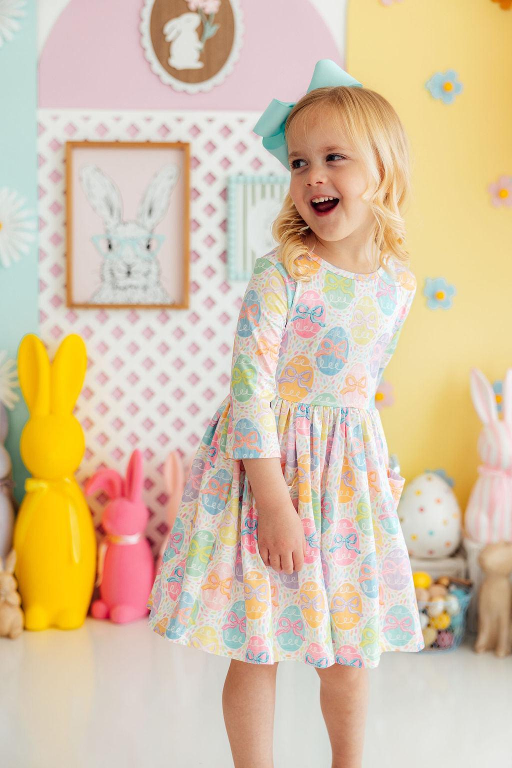 Egg-stra Cute 3/4 Sleeve Pocket Twirl Dress