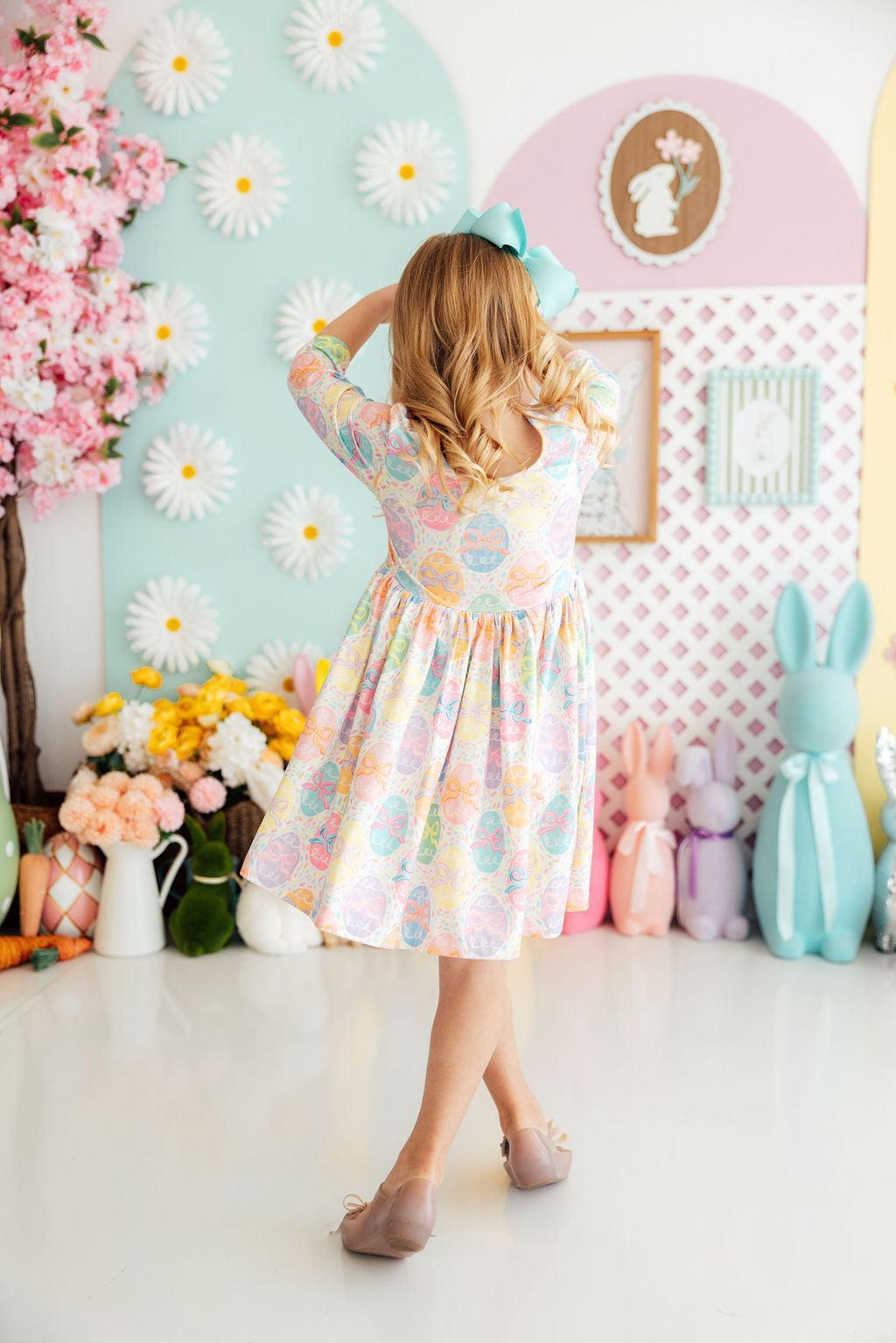 Egg-stra Cute 3/4 Sleeve Pocket Twirl Dress