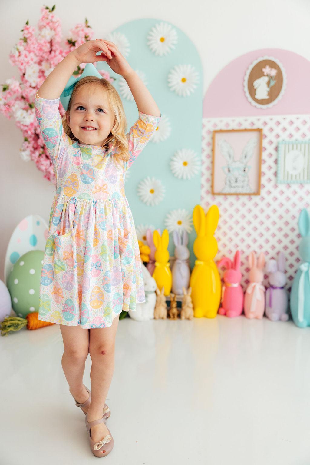 Egg-stra Cute 3/4 Sleeve Pocket Twirl Dress