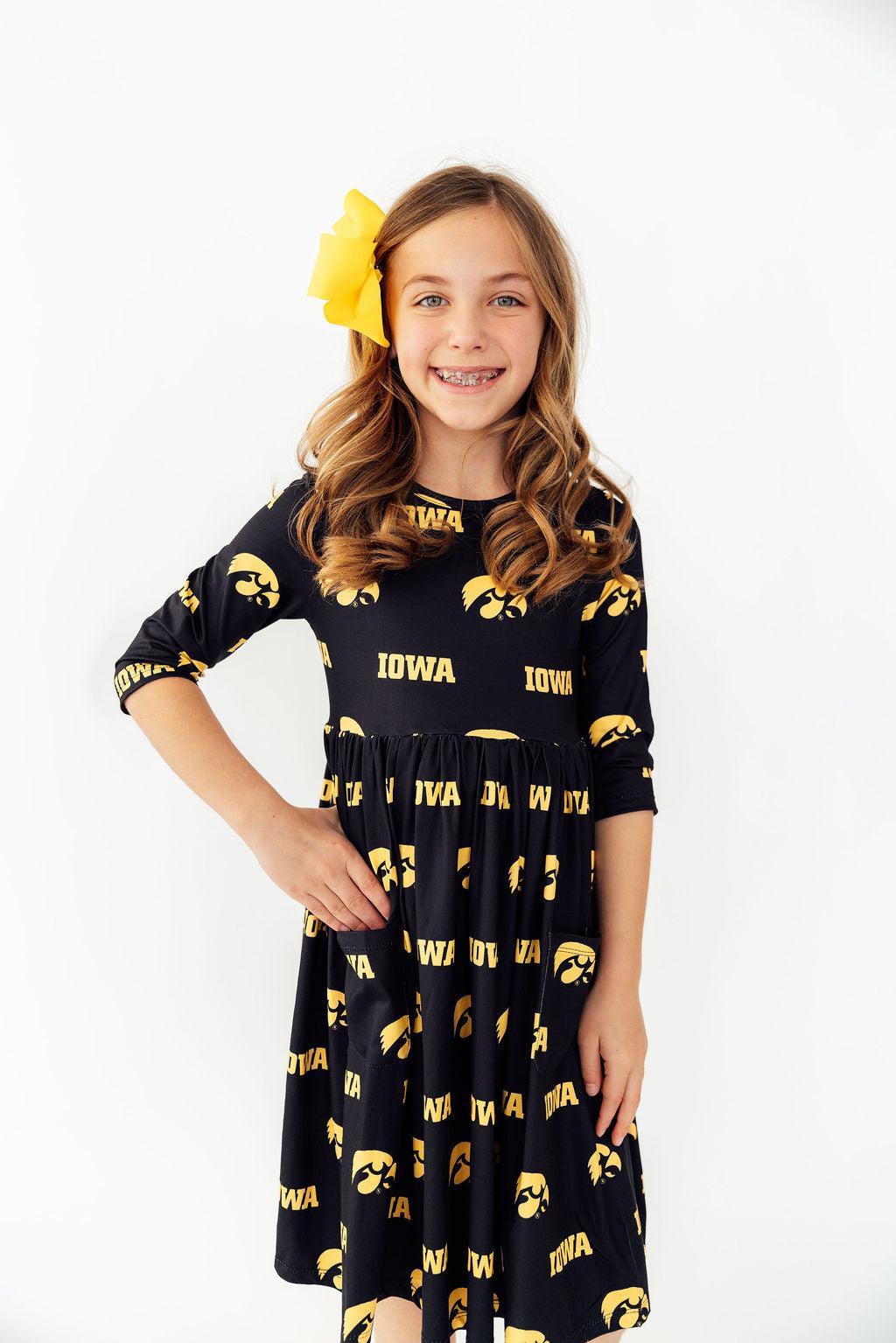 Iowa Black Tigerhawk 3/4 Sleeve Pocket Twirl Dress