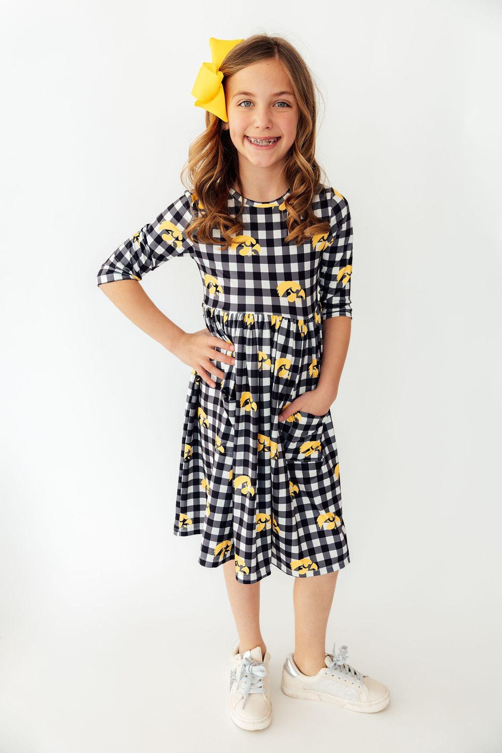 Iowa Plaid Tigerhawk 3/4 Sleeve Pocket Twirl Dress