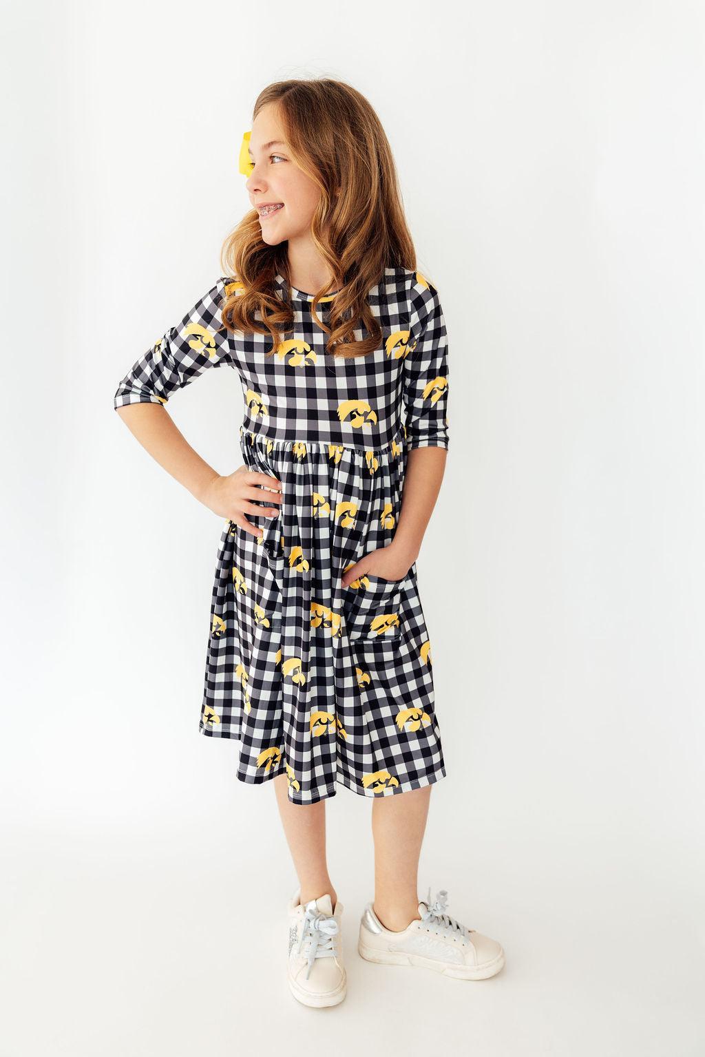 Iowa Plaid Tigerhawk 3/4 Sleeve Pocket Twirl Dress
