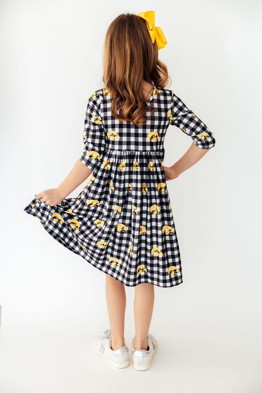 Iowa Plaid Tigerhawk 3/4 Sleeve Pocket Twirl Dress