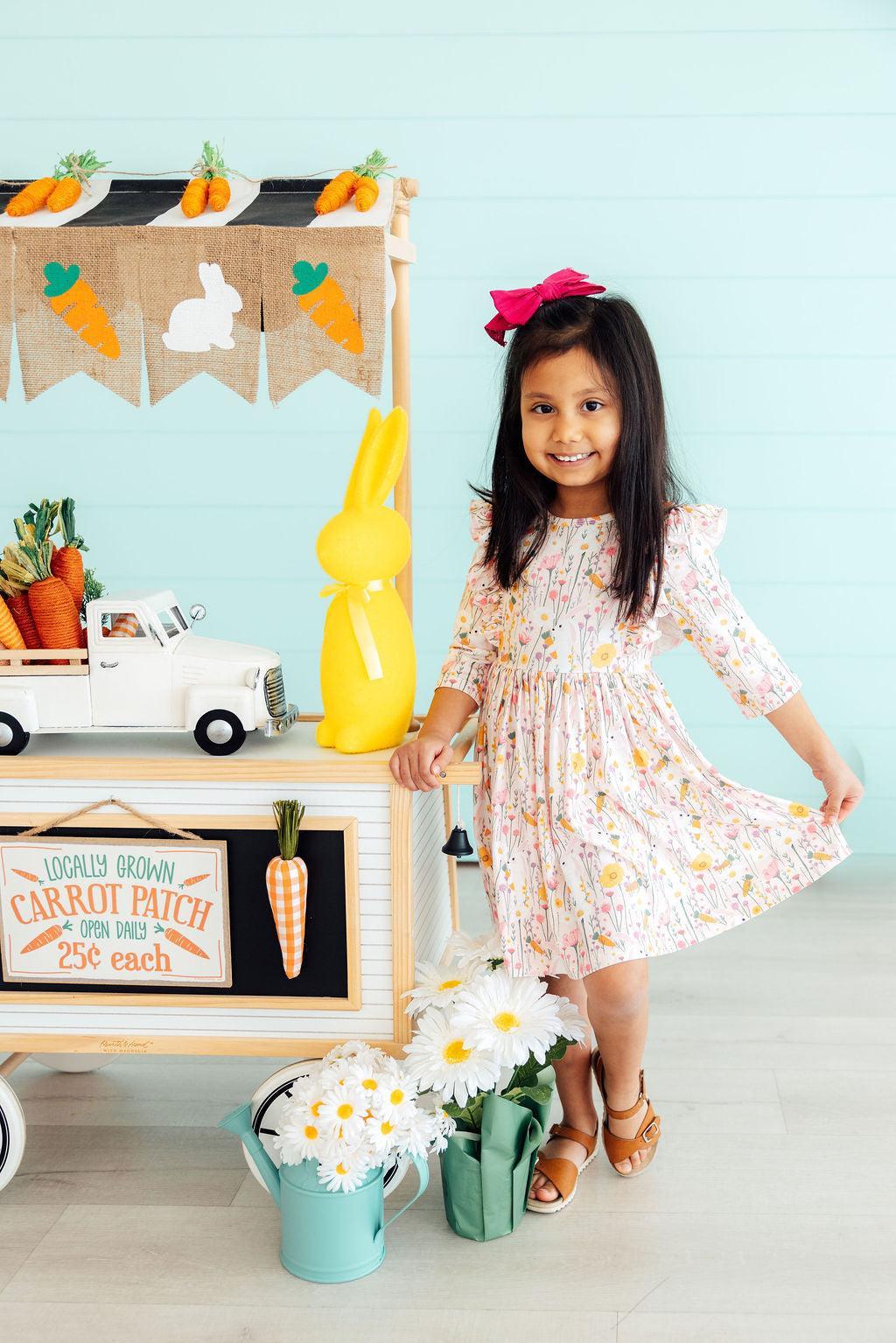 Carrot Cutie 3/4 Sleeve Ruffle Twirl Dress