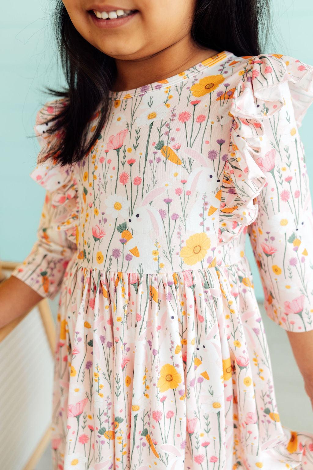 Carrot Cutie 3/4 Sleeve Ruffle Twirl Dress