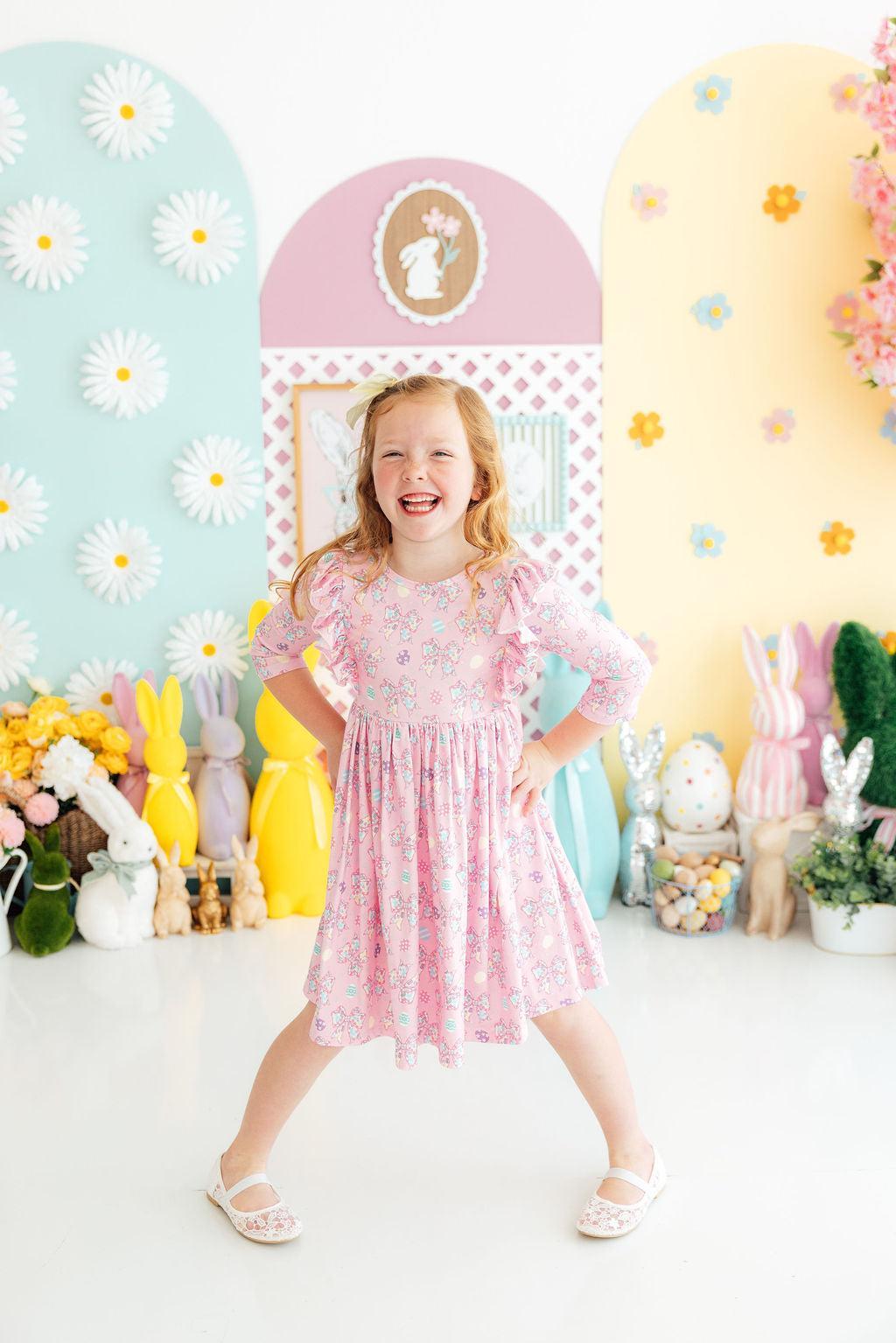 Little Bow Peeps 3/4 Sleeve Ruffle Twirl Dress