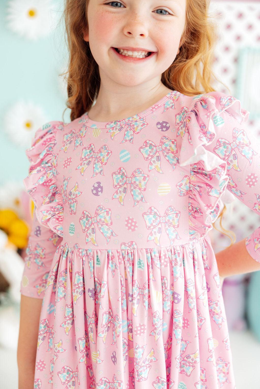 Little Bow Peeps 3/4 Sleeve Ruffle Twirl Dress