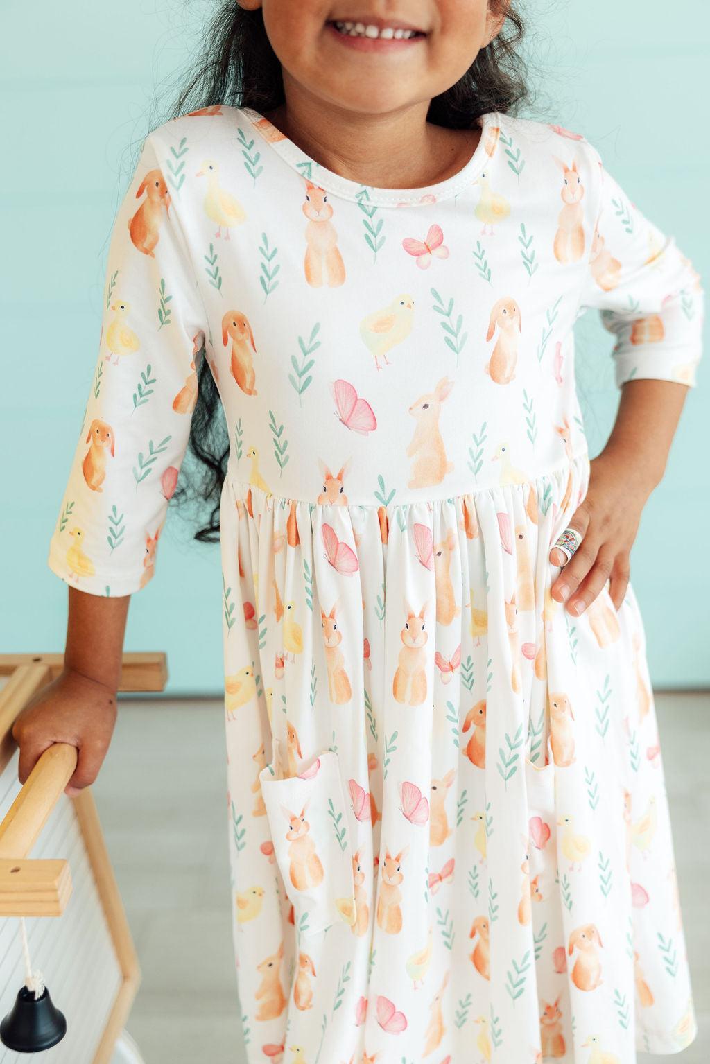Sunny Bunnies 3/4 Sleeve Pocket Twirl Dress
