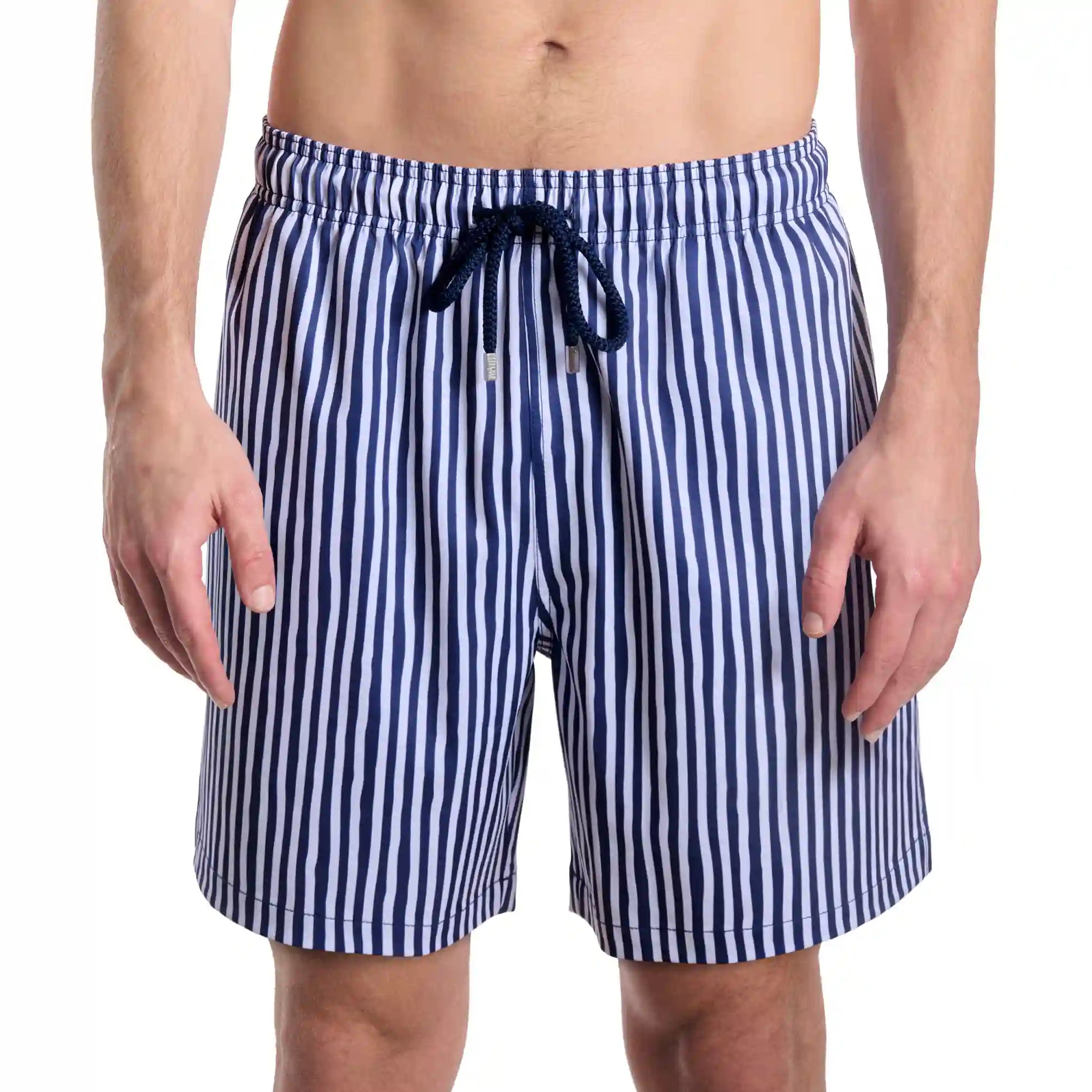 Men’s Premium Compression-Lined Hybrid Shorts – Marina Pinstripe-Indigo and Surf