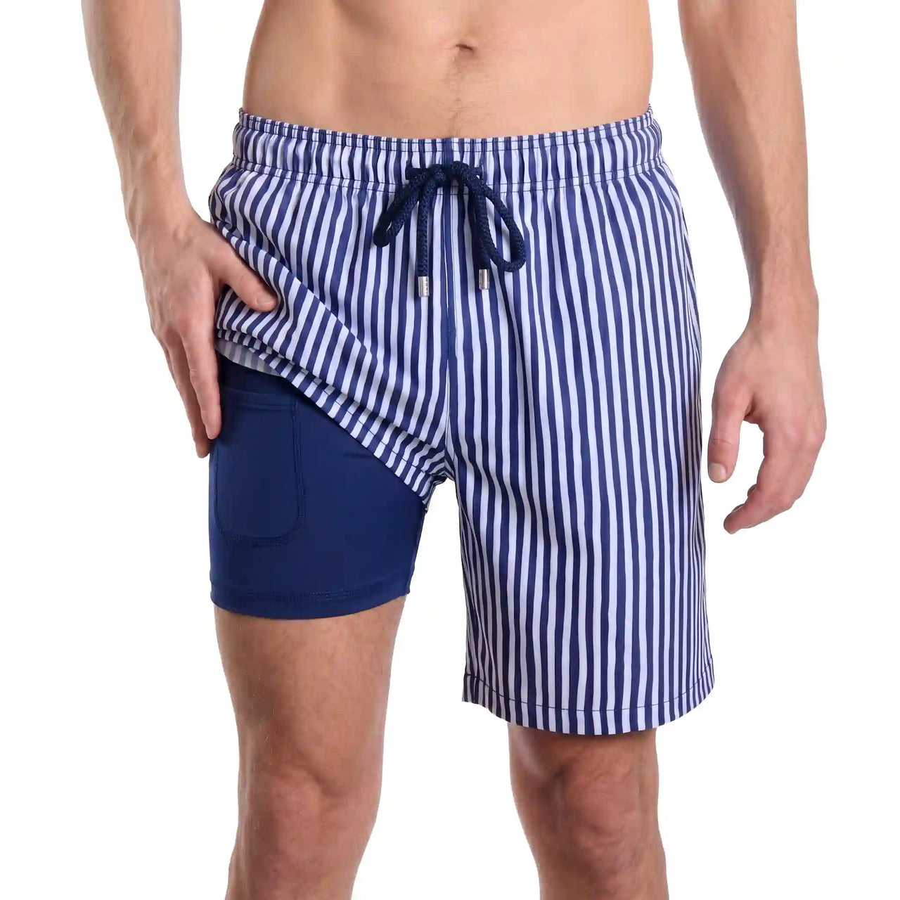 Men’s Premium Compression-Lined Hybrid Shorts – Marina Pinstripe-Indigo and Surf