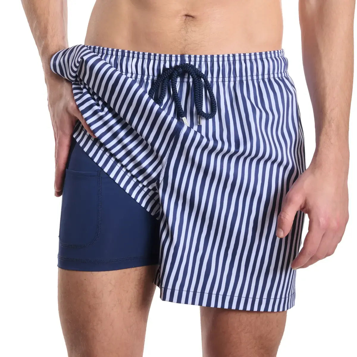 Men’s Premium Compression-Lined Hybrid Shorts – Marina Pinstripe-Indigo and Surf