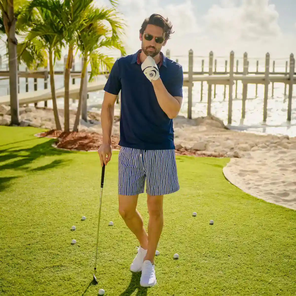 Men’s Premium Compression-Lined Hybrid Shorts – Marina Pinstripe-Indigo and Surf