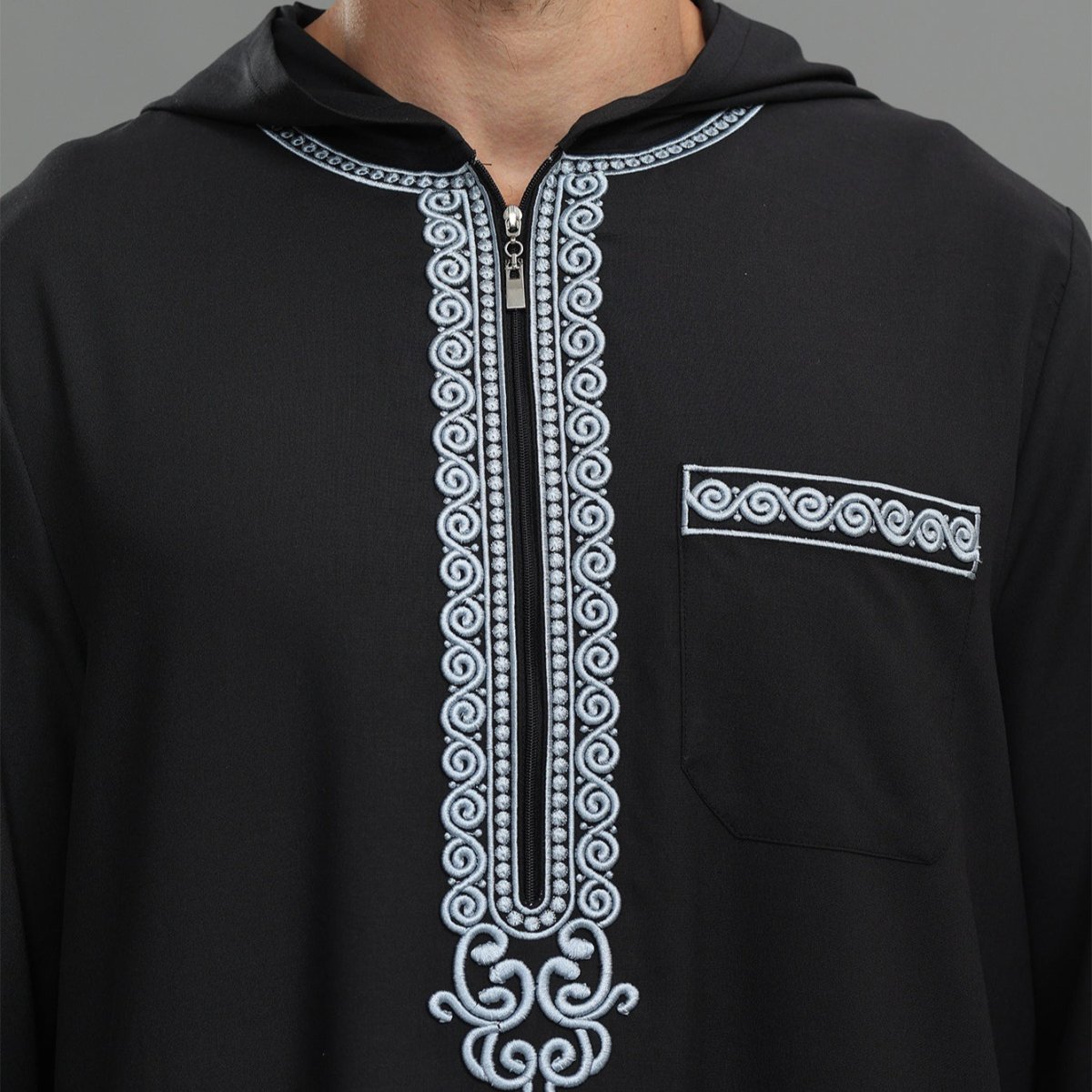 Men's Hooded Embroidered Thobe with Pockets (MT037)