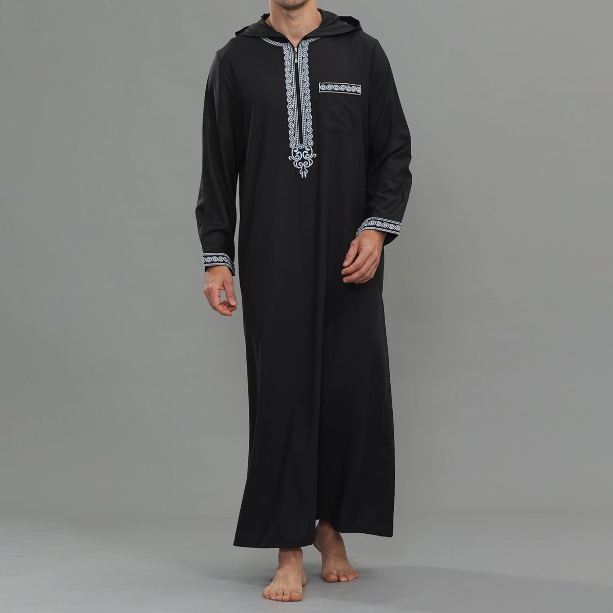 Men's Hooded Embroidered Thobe with Pockets (MT037)