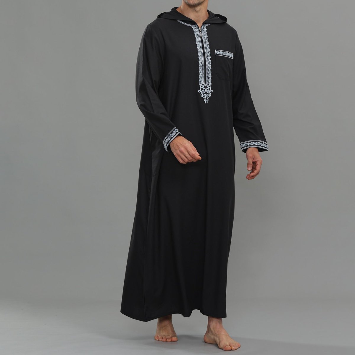 Men's Hooded Embroidered Thobe with Pockets (MT037)