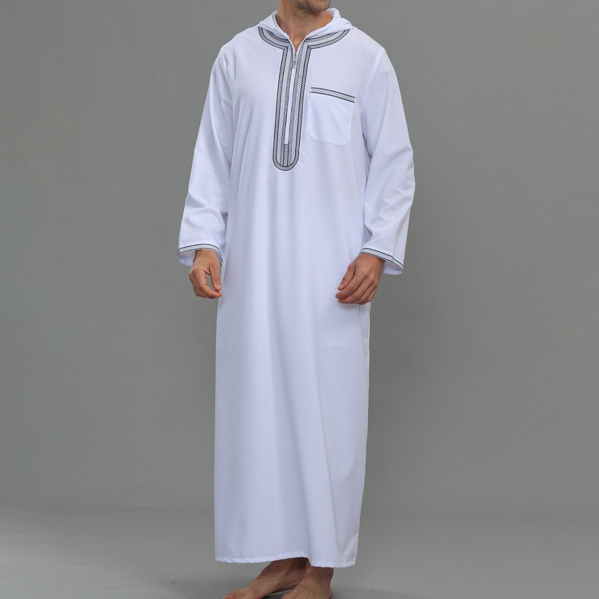 Men's Hooded Embroidered Thobe with Pockets (MT037)