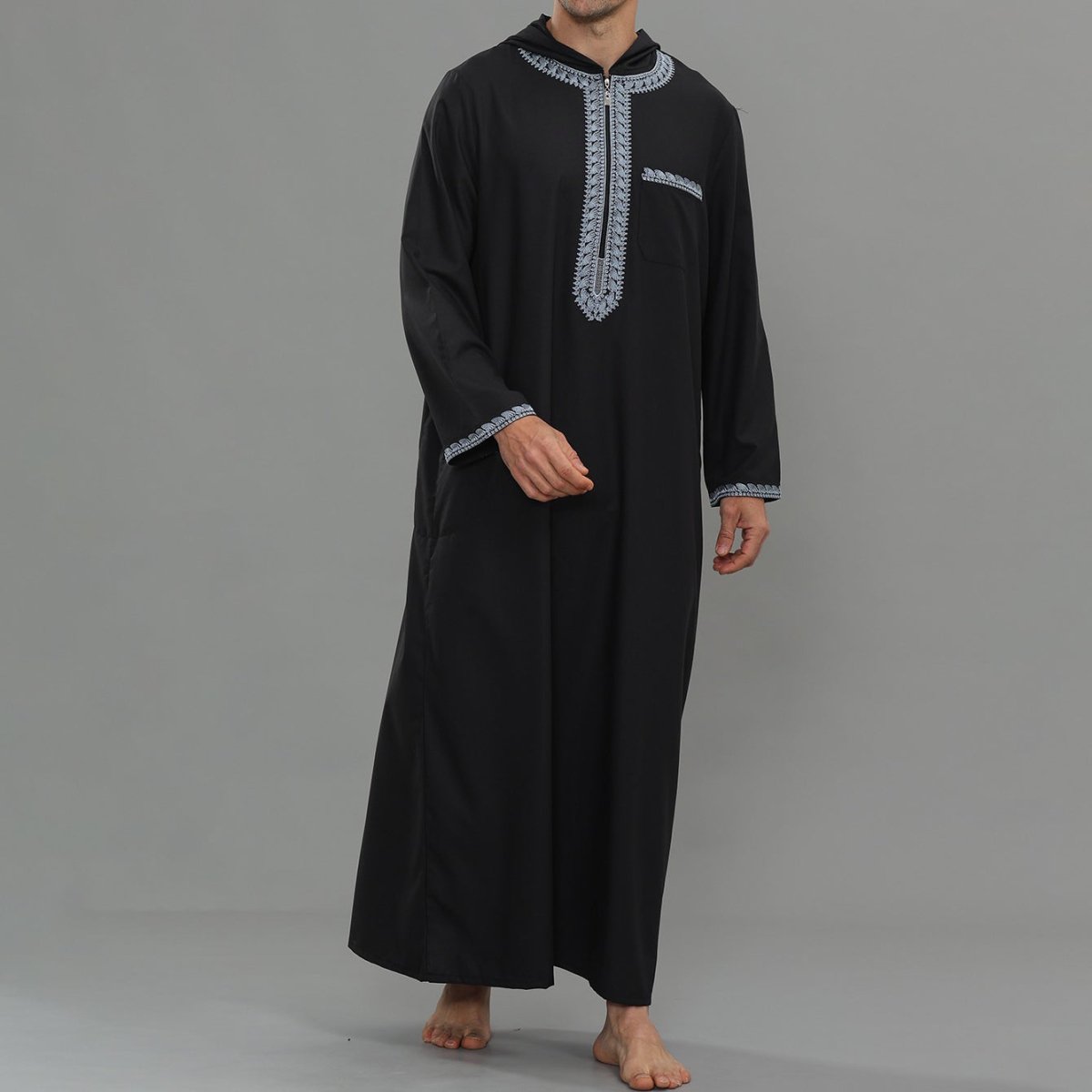 Men's Hooded Embroidered Thobe with Pockets (MT037)