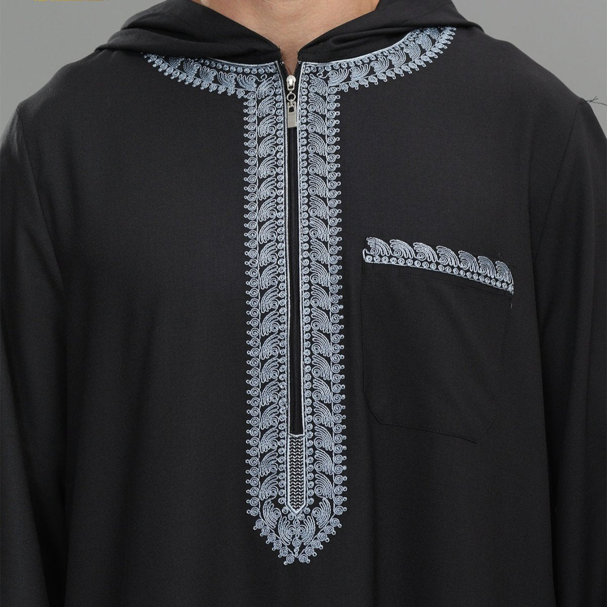 Men's Hooded Embroidered Thobe with Pockets (MT037)