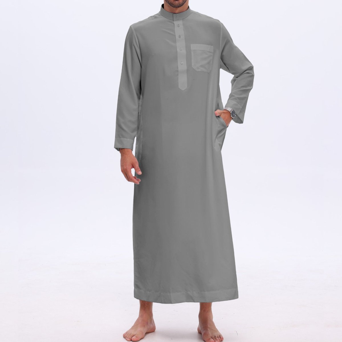 Men's Solid Color Thobe with Button Placket (MT036)