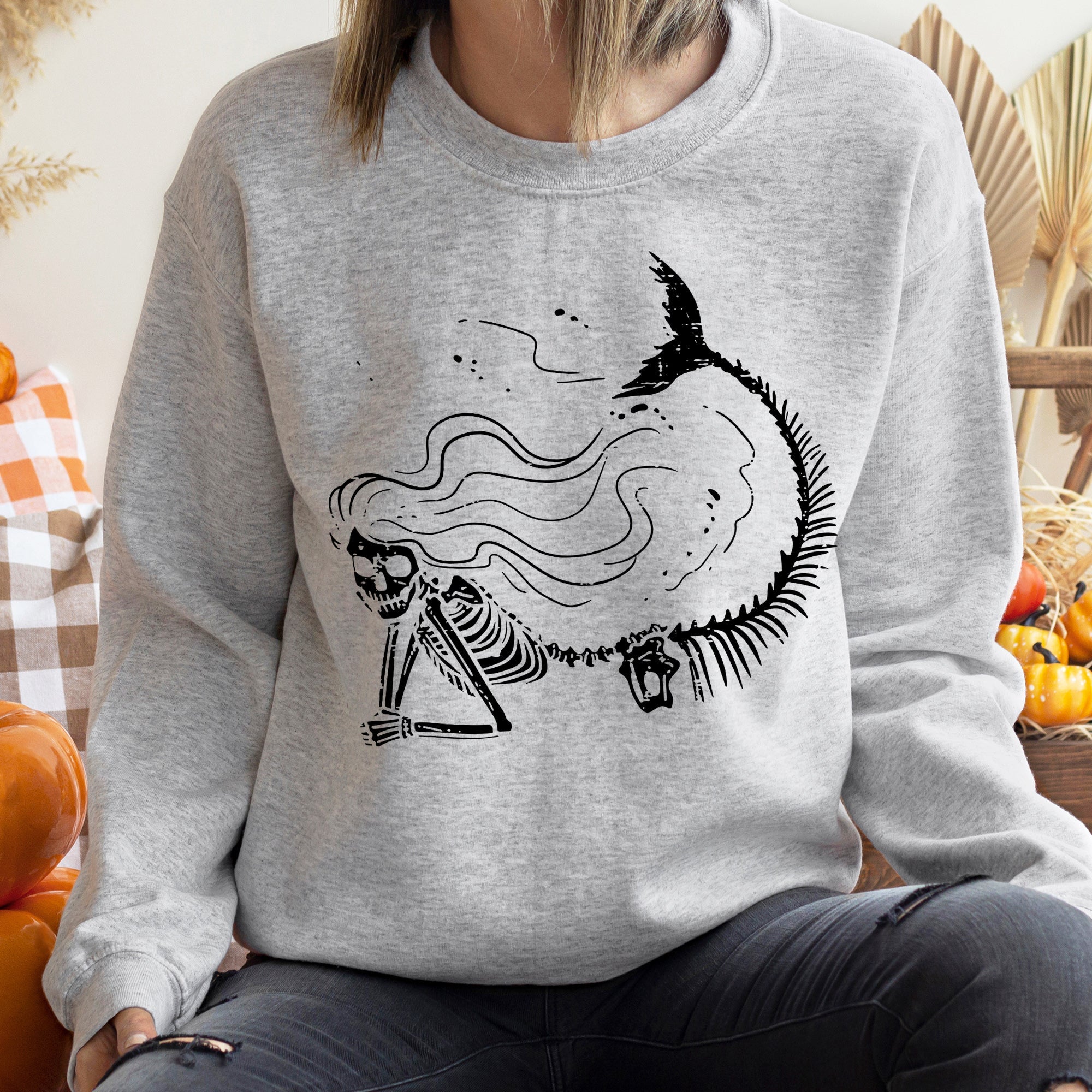 Mermaid Skeleton Halloween Illustration With Moonlit Sea And Enchanted Seaweed Details Sweatshirt