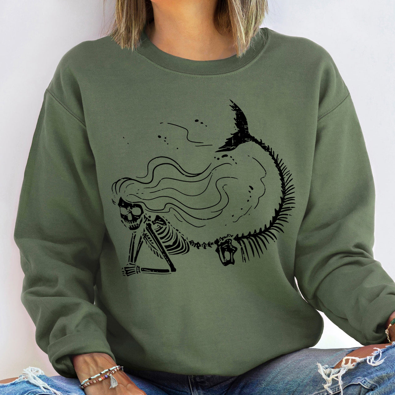 Mermaid Skeleton Halloween Illustration With Moonlit Sea And Enchanted Seaweed Details Sweatshirt