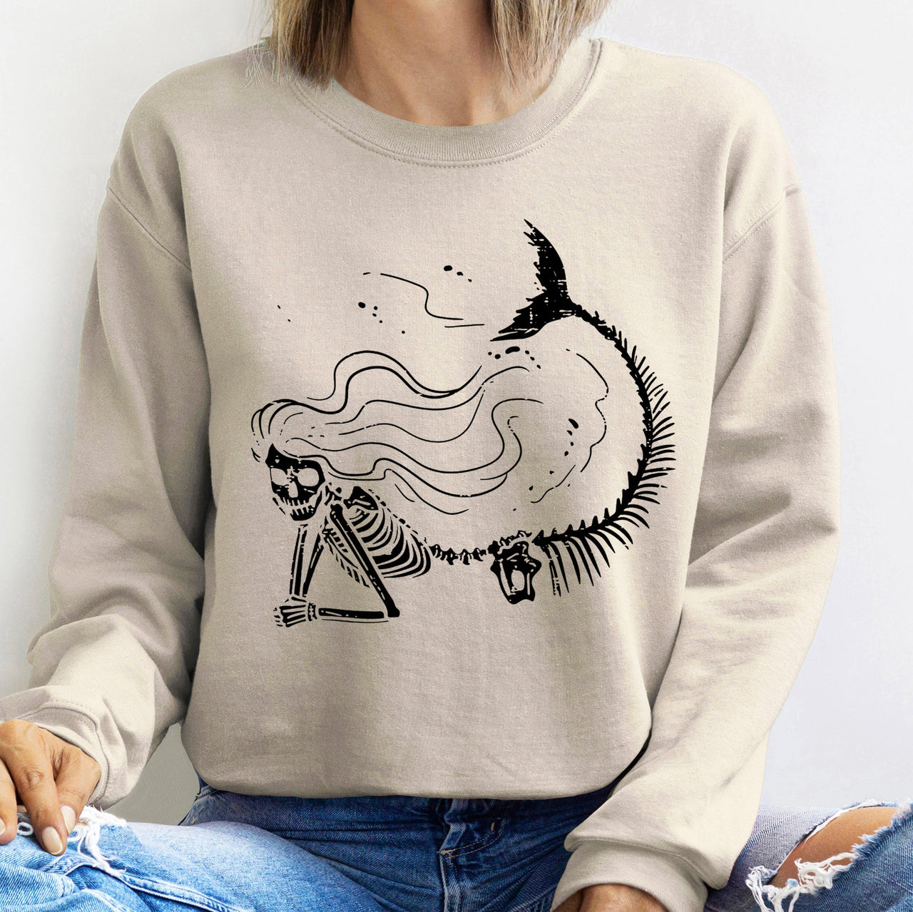 Mermaid Skeleton Halloween Illustration With Moonlit Sea And Enchanted Seaweed Details Sweatshirt