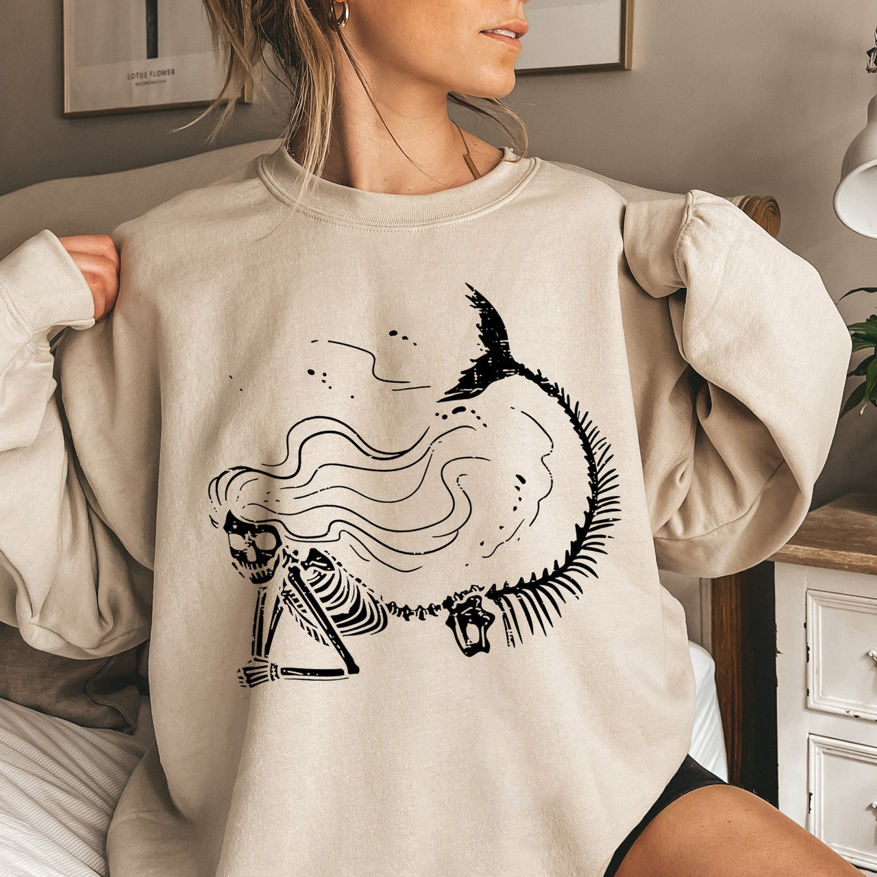 Mermaid Skeleton Halloween Illustration With Moonlit Sea And Enchanted Seaweed Details Sweatshirt