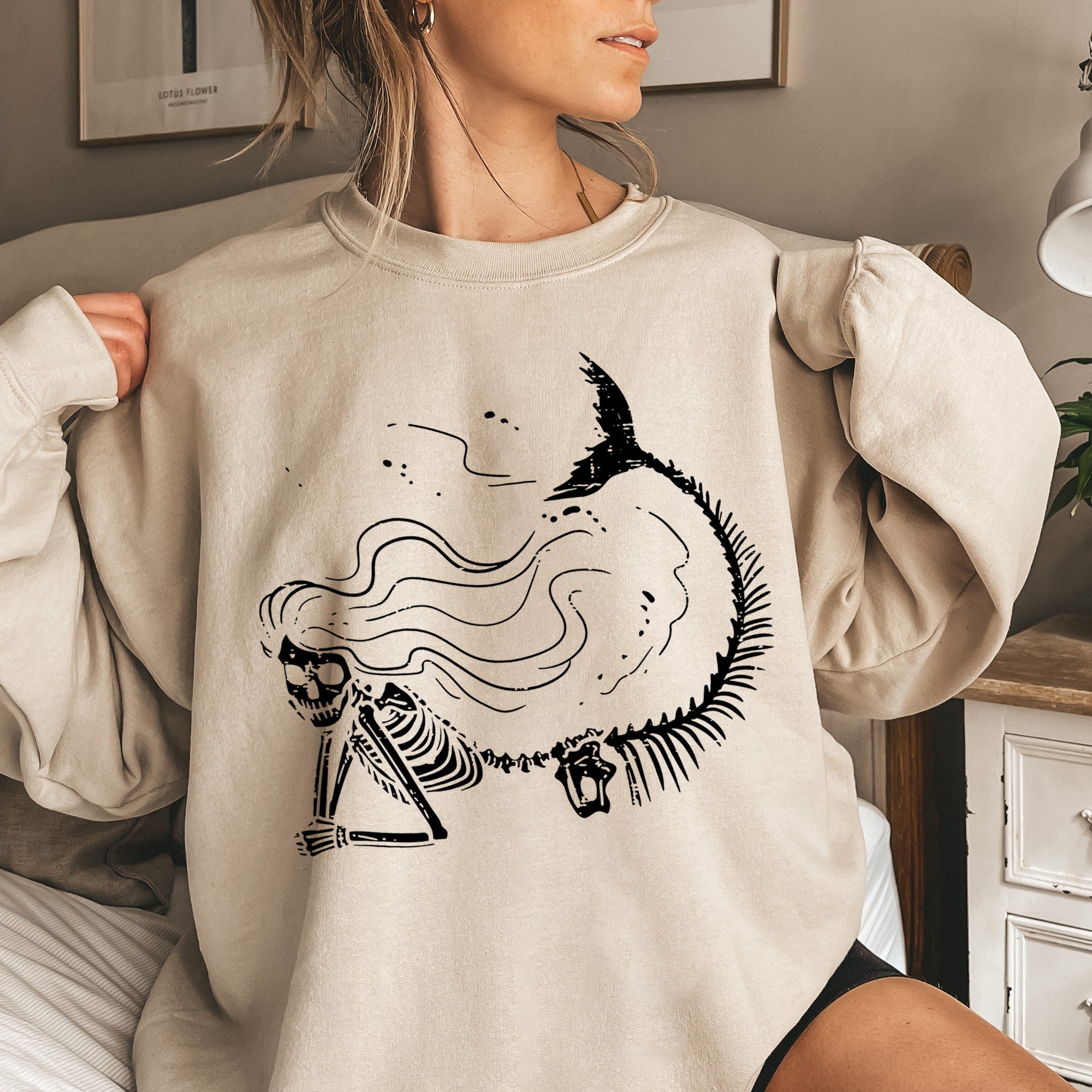 Mermaid Skeleton Halloween Illustration With Moonlit Sea And Enchanted Seaweed Details Sweatshirt