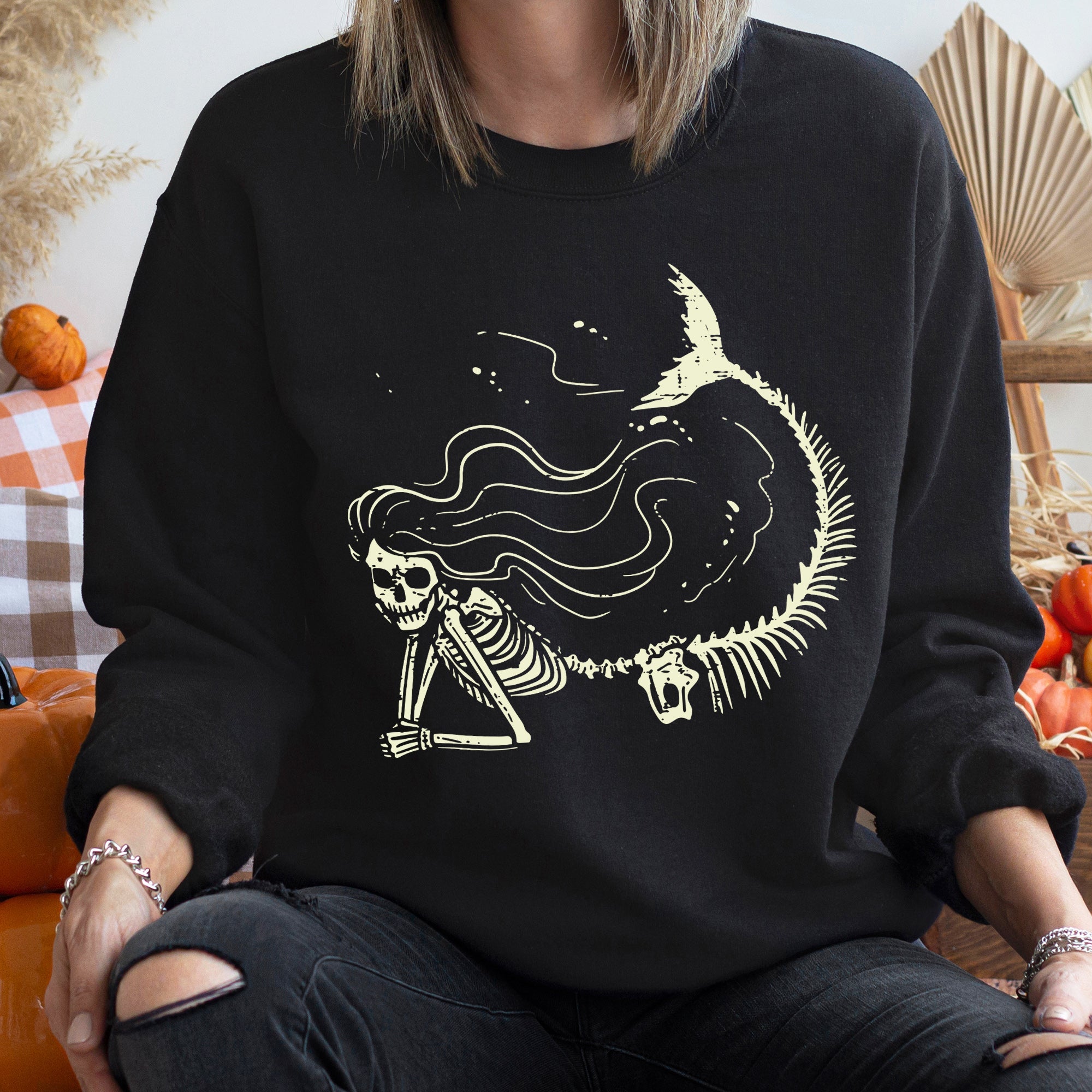 Vintage Mermaid Skeleton Illustration With Oceanic Motifs And Moonlit Sea Imagery Sweatshirt