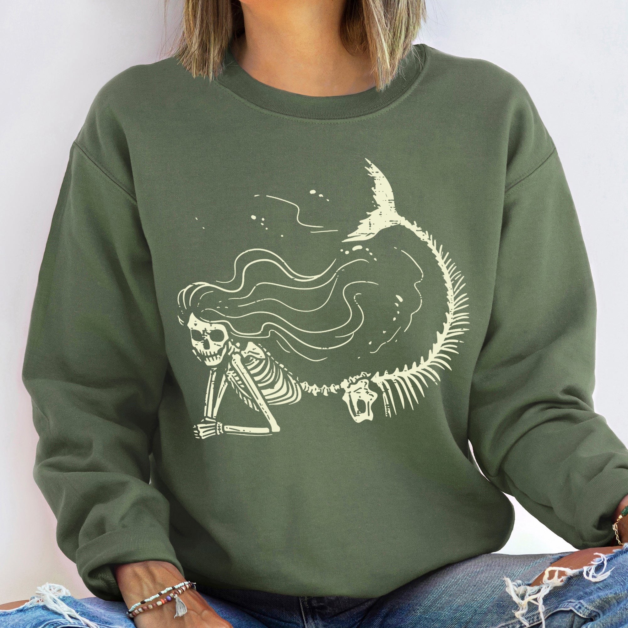 Vintage Mermaid Skeleton Illustration With Oceanic Motifs And Moonlit Sea Imagery Sweatshirt
