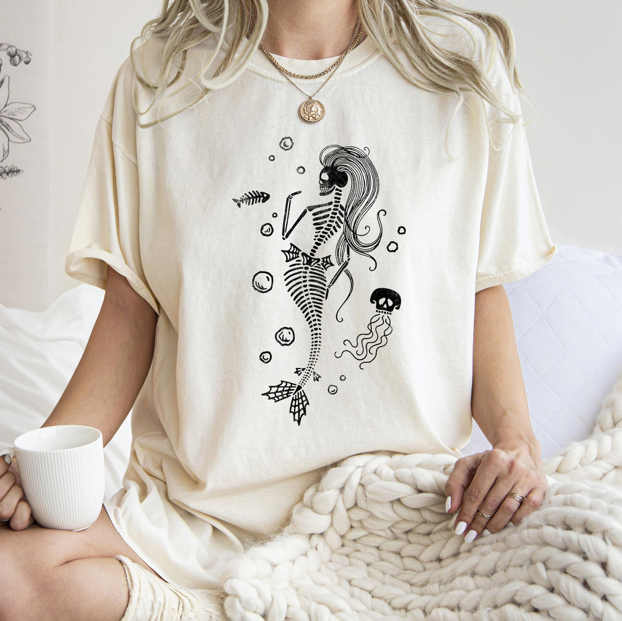 Mermaid Skeleton Jellyfish Retro Halloween Oceanic Nightscape Edition Comfort Colors Tee
